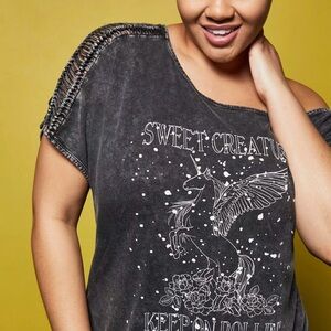 LoveSick Torrid Black Acid Wash Pegasus Off Shoulder Tee